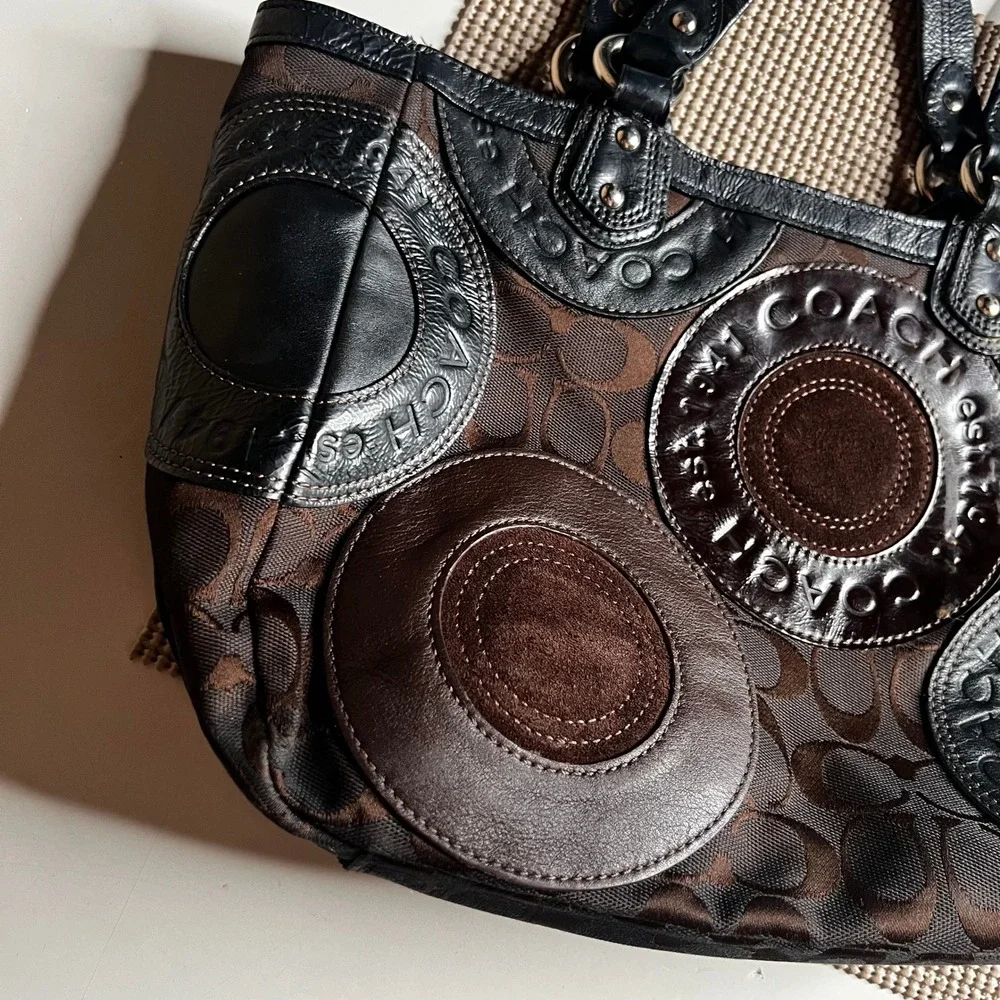 Coach Audrey Signature Patchwork Tote Brown Black Jacquard Leather Bag F15466